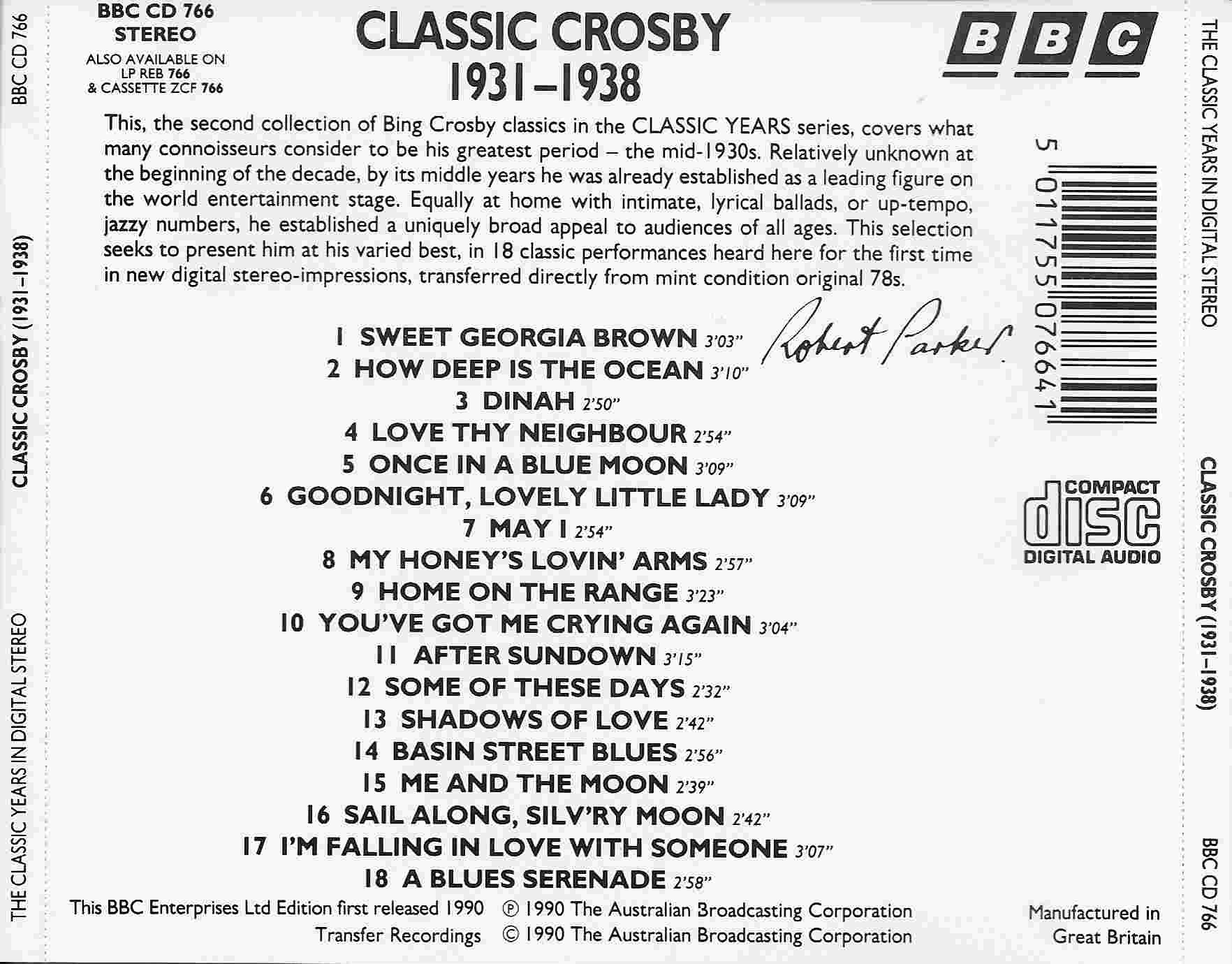Picture of BBCCD766 Classic years - Classic Crosby 1931 - 1938 by artist Bing Crosby  from the BBC records and Tapes library
